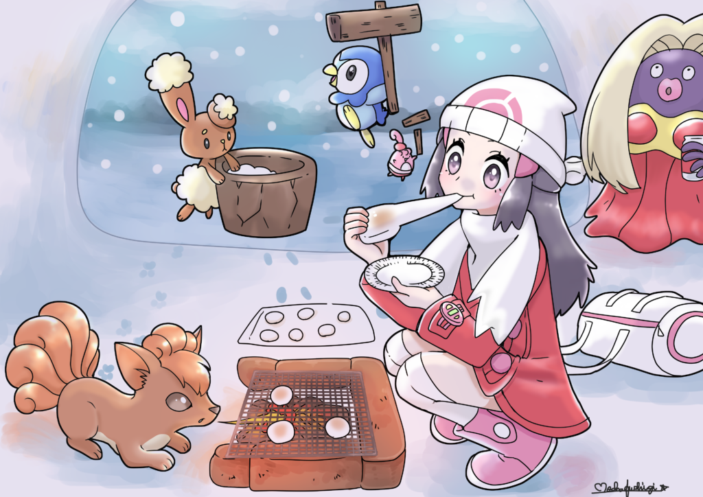Dawn i Pokemony, w tym Jynx, źródło: https://www.pixiv.net/en/artworks/86818576