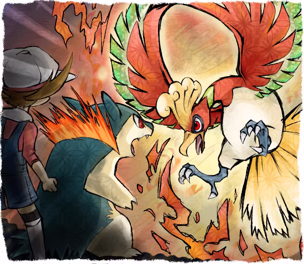 Typhlosion vs Ho-Oh, źródło: https://www.pixiv.net/en/artworks/6173977